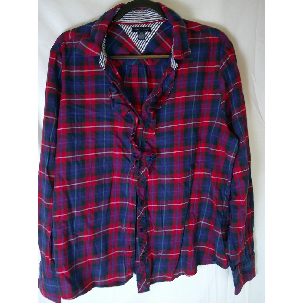 Tommy Hilfiger Womens XXL Red Blue Plaid‎ Ruffle Front Button Down Shirt Blouse